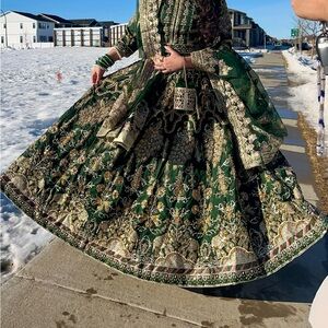 Pakistani Bridal Lengah Elegant Green Embroidered and heavy stonework Gown